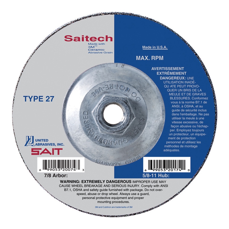 DISCO DE CORTE PARA INOXIDABLE SAIT TIPO 27, 4-1/2" X 1/8" X 5/8"-11 CON ADAPTADOR (22289)
