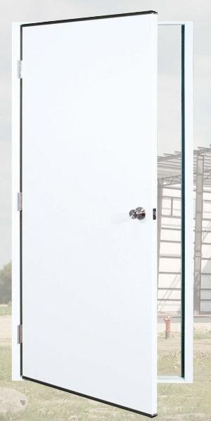 Puerta 3'x7', hoja blanca de cal.20, aislamieno de poliestireno, preparada para entrada de 2-3/4"