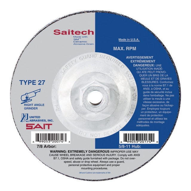 DISCO DESBASTE DE INOXIDABLE SAIT TIPO 27, 7" X 1/4" X 5/8"-11, CON ADAPTADOR (20148)